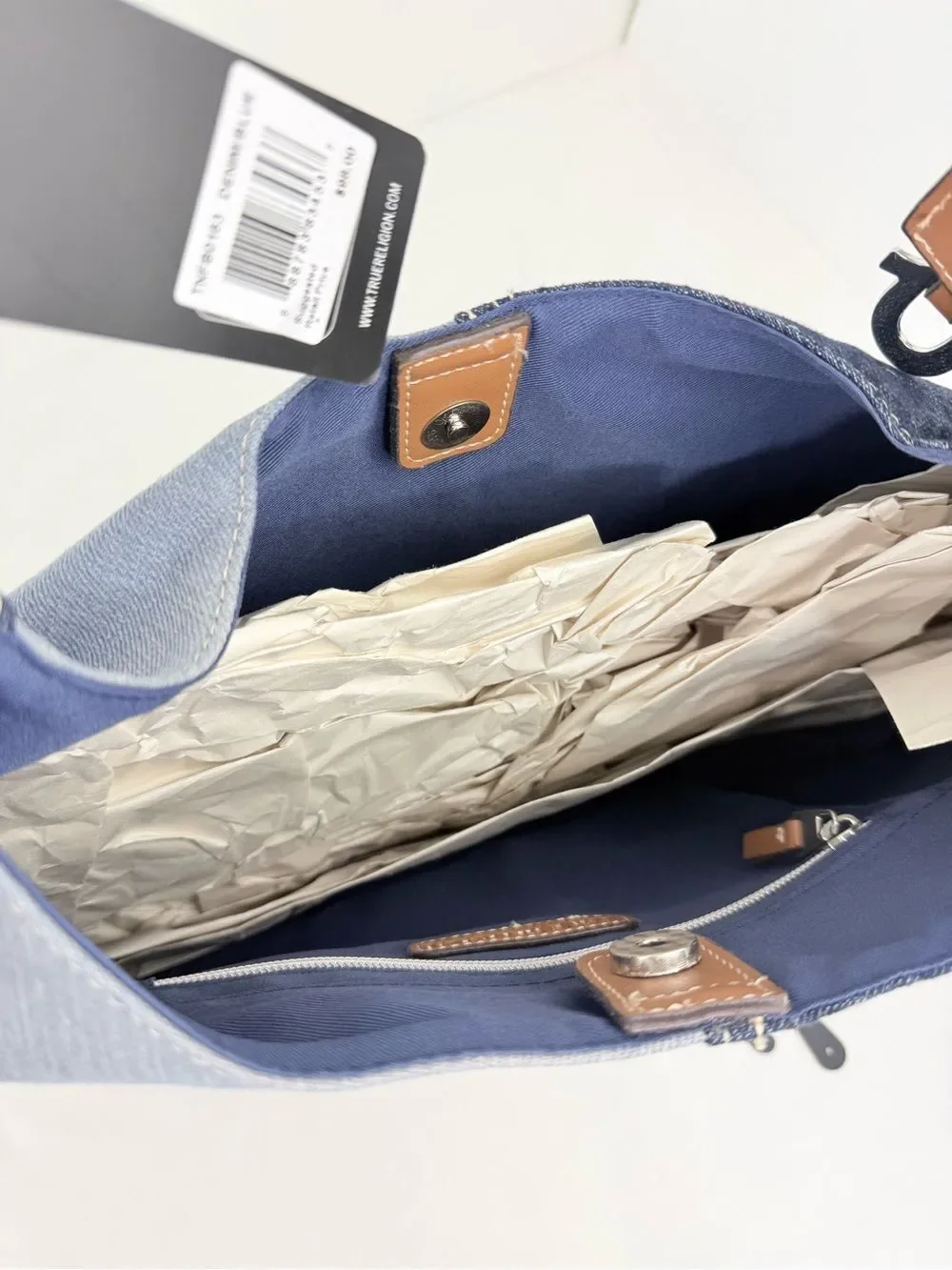 True Religion Blue White Patchwork Fade Denim Ticket Patch Hobo Shoulder Bag NEW